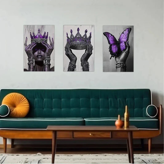 3pcs Purple Fashion Black Woman Crown African Metal Print Ready to Hang Art