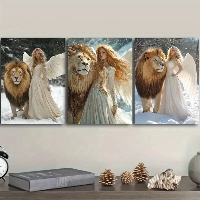 3pcs The girl and the lion in the snow Wall Art Set Canvas Framed 40x60cm - High Quality Print 100% Australian Made Wall Canvas Ready to Hang