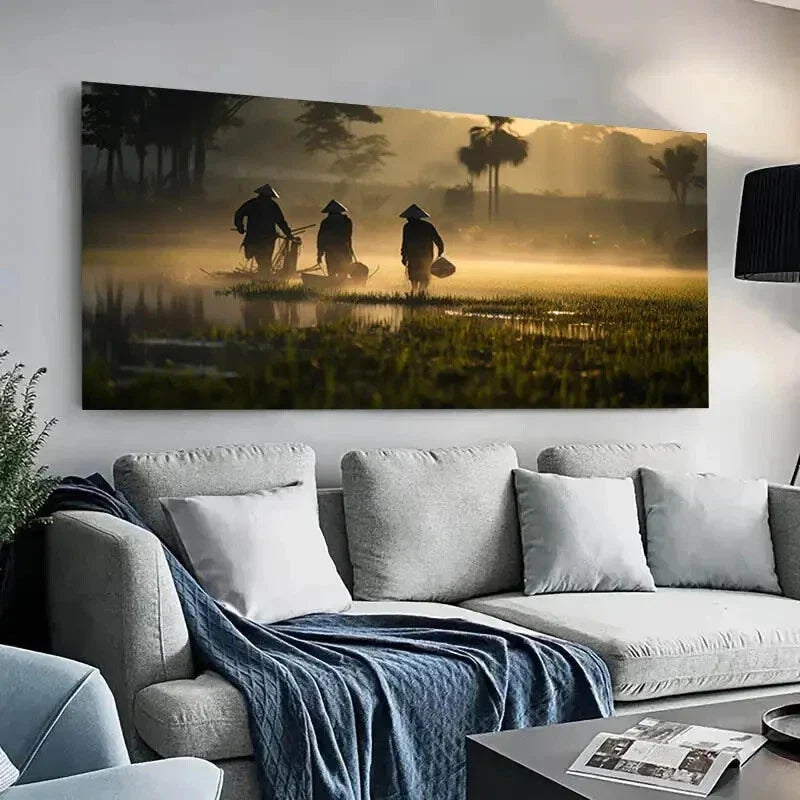 Asian Rice Field Sunset wall canvas office home room framed 120x60cm