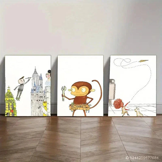 3pcs Castle Monkey Abstract Art Style Watercolor Metal Print Ready to Hang Art