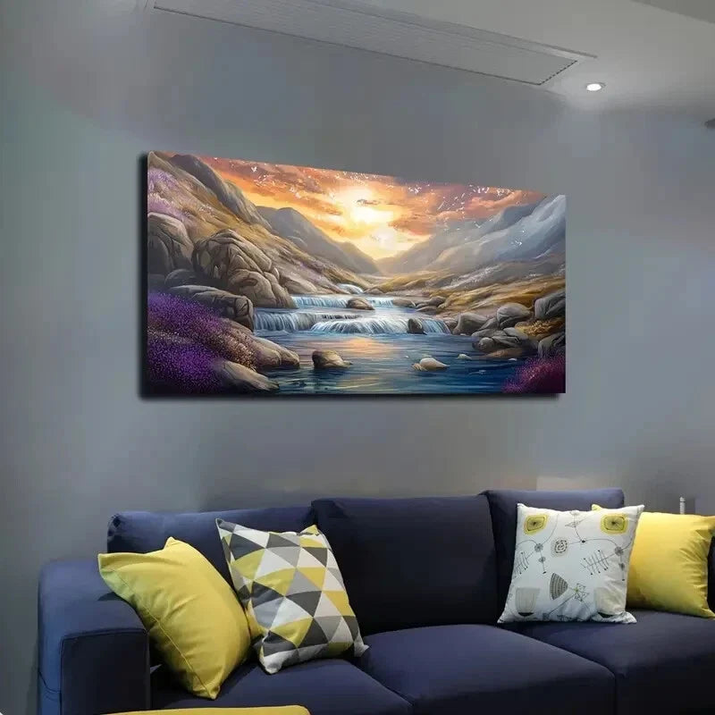 Serene Sunlit Mountain & Water Wall Art canvas office home room framed 120x60cm
