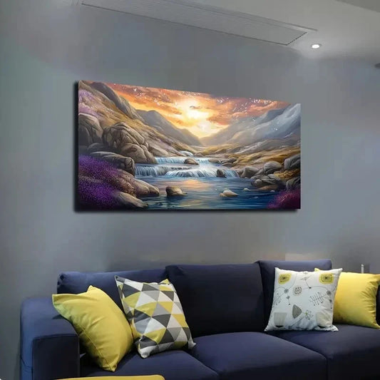 Serene Sunlit Mountain & Water Wall Art canvas office home room framed 120x60cm