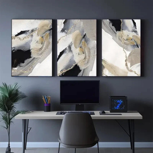 3pcs Beige Black and Golden Abstract Art Metal Print Ready to Hang Art