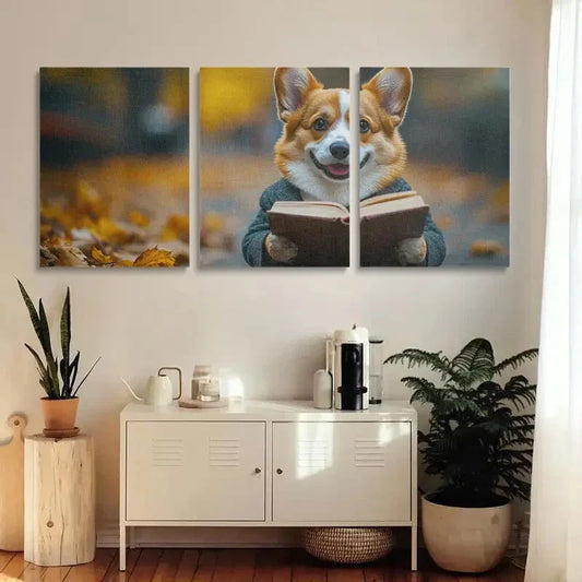 3pcs Corgi Dog in Suit Holding Book Metal Print Ready to Hang Art