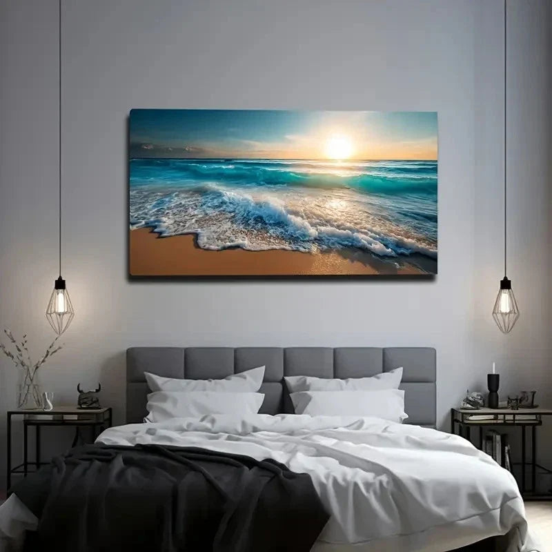 Beach Scene With Sunset & Ocean Wall Art Canvas Office Home Room Framed 120x60cm