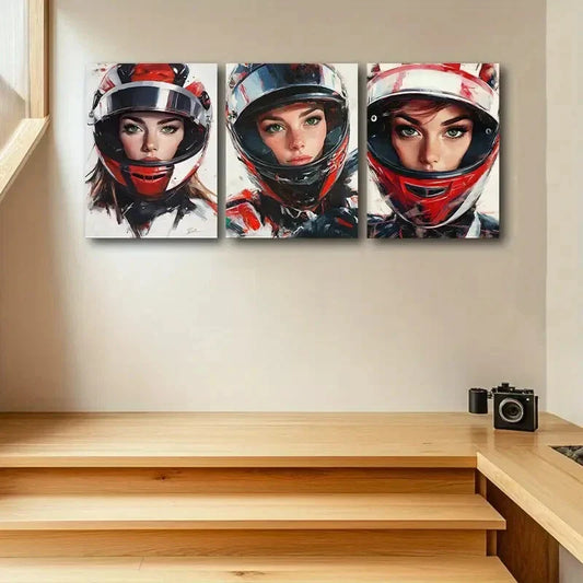 3pcs Modern Helmeted Woman Portraits Metal Print Ready to Hang Art