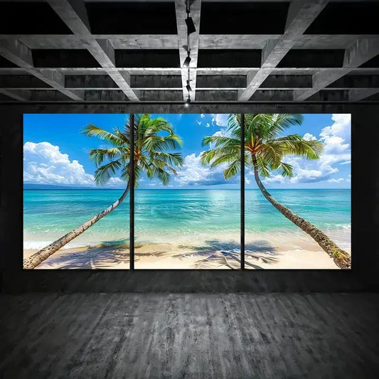 3pcs Two Palm Trees, Clear Blue Seawater Metal Print Ready to Hang Art