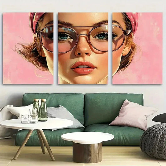3pcs Cute Girl Portrait in Pink Background Metal Print Ready to Hang Art