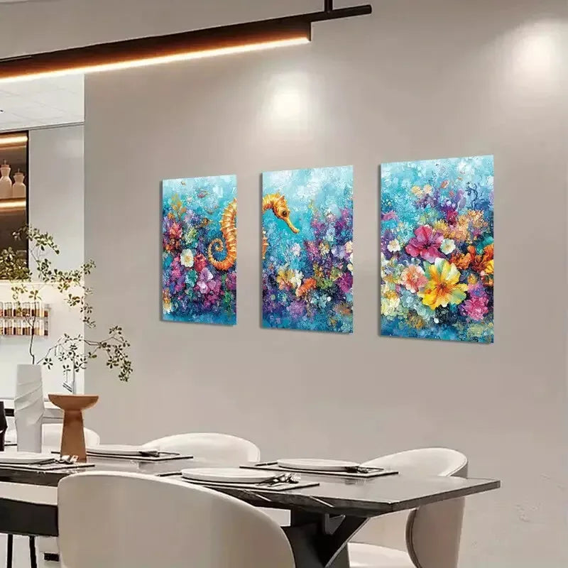 3pcs Seahorse in Ocean Triptych Canvas Framed 40x60cm - High Quality Print 100% Australian Made Wall Canvas Ready to Hang