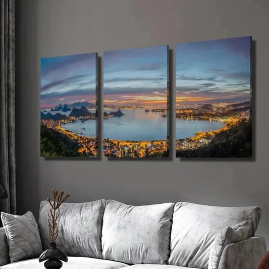 3pcs Niterói City Park Night View Landscape Wall Art Set Canvas Framed 40x60cm - High Quality Print 100% Australian Made Wall Canvas Ready to Hang