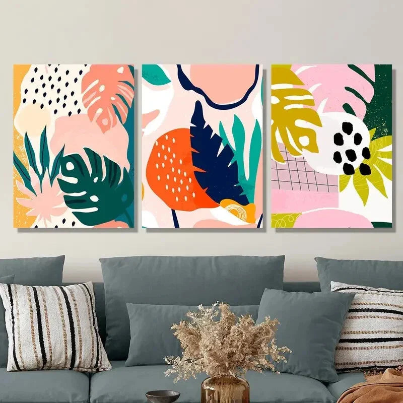 3pcs Cartoon Leaf Ink Painting, Metal Print Ready to Hang Art