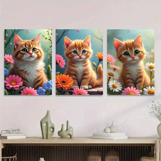 3pcs Charming Cat Trio Vibrant Floral Metal Print Ready to Hang Art