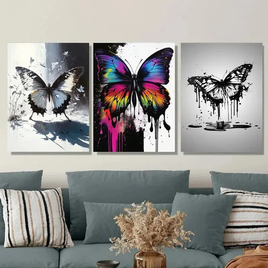 3pcs Modern Abstract with Colorful Butterflies Metal Print Ready to Hang Art