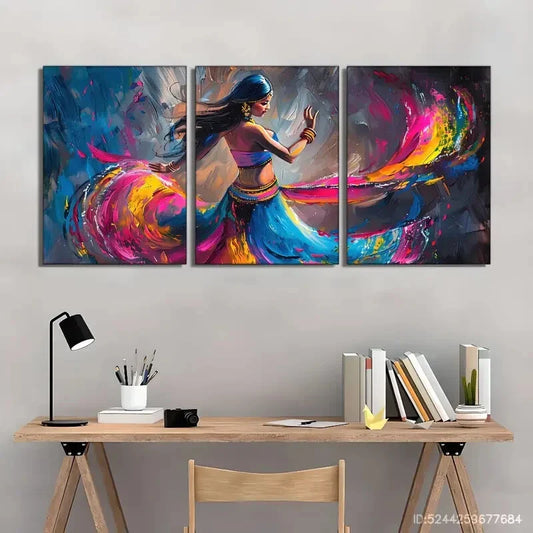 3pcs Artistic Highlight Indian Woman Dancing Metal Print Ready to Hang Art