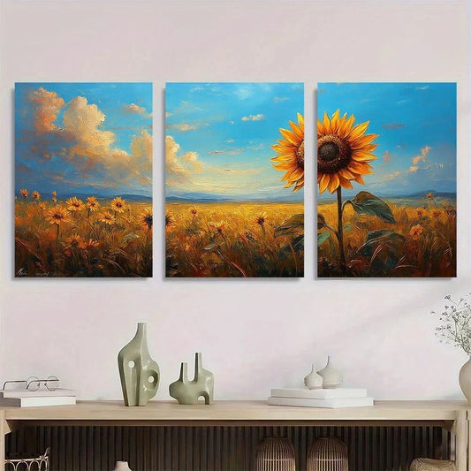 3pcs Vibrant Field of Sunflowers & Blue Sky Metal Print Ready to Hang Art