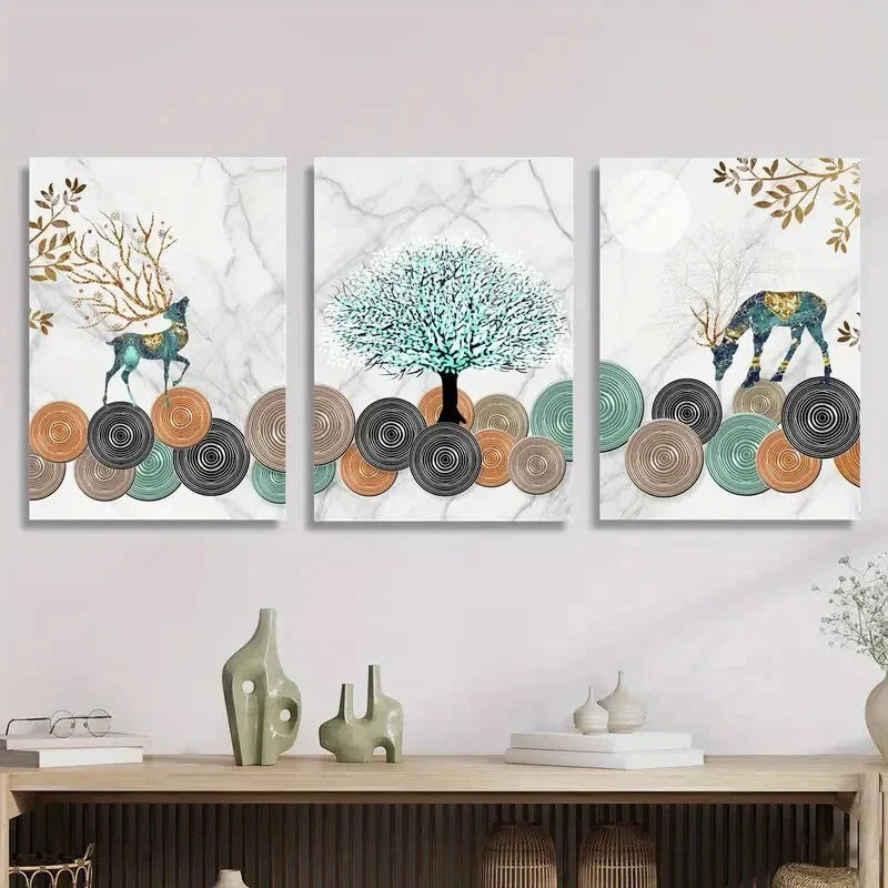 3pcs elk, wealth deer and lucky tree, ginkgo leaf Metal Print Ready to Hang Art