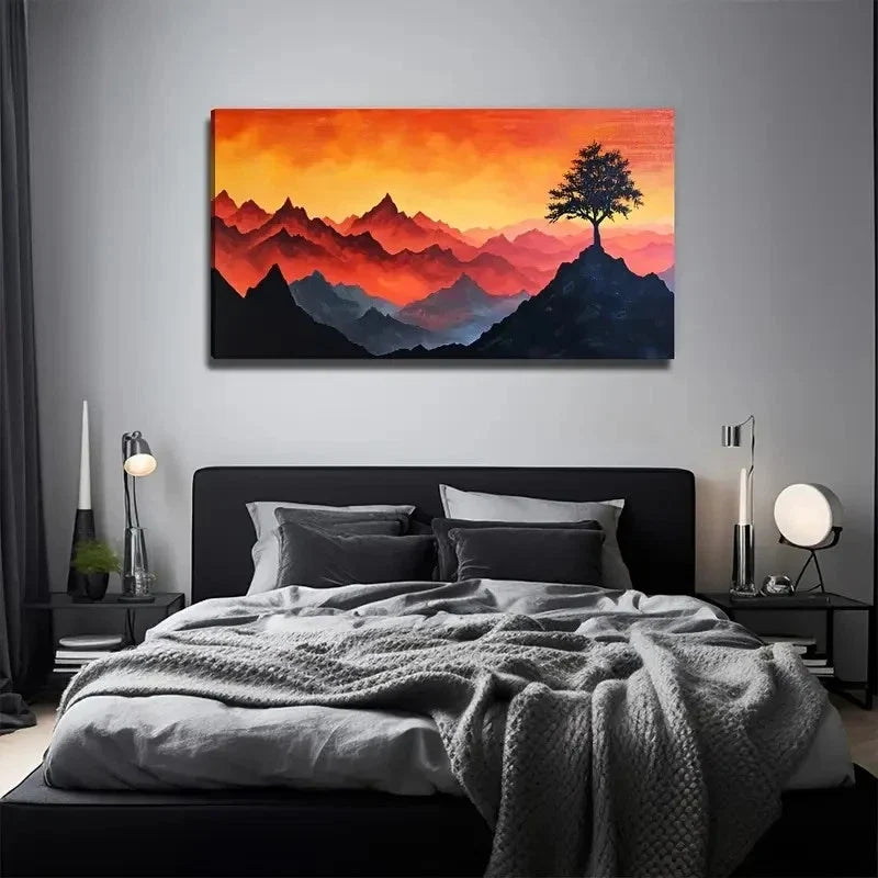 High Mountain Tree Wall Art Canvas Office Home Room Framed 120x60cm