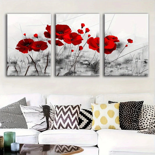 3pcs Red Poppy Modern Fantasy Metal Print Ready to Hang Art