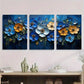 3pcs Blue & Golden Floral Painting Metal Print Ready to Hang Art