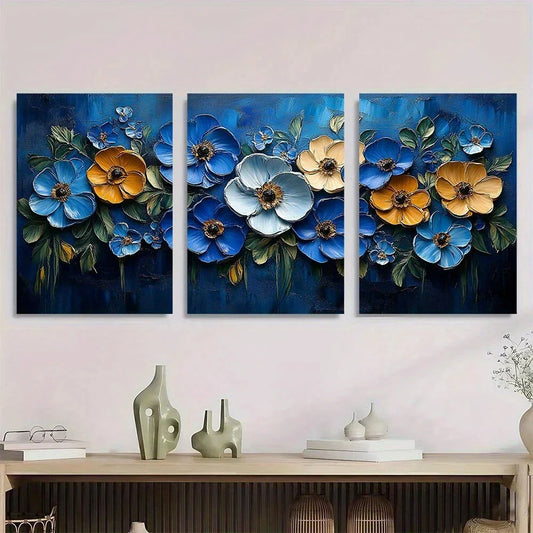 3pcs Blue & Golden Floral Painting Metal Print Ready to Hang Art