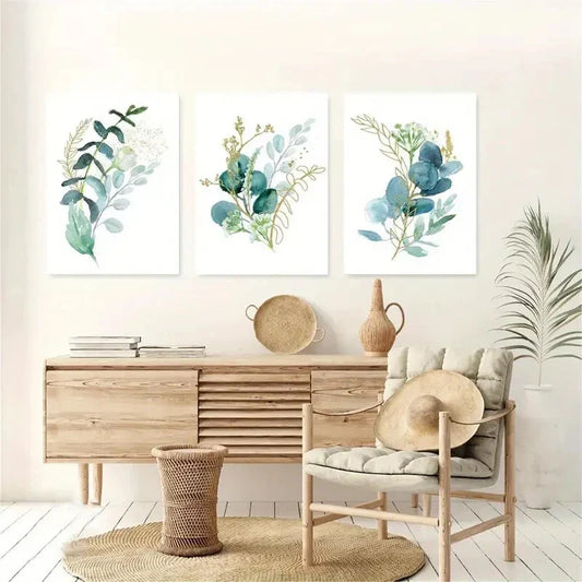 3pcs Golden and Blue Greenery Metal Print Ready to Hang Art