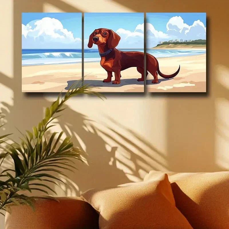 3pcs Adorable Dachshund Puppy on Beach Scene Metal Print Ready to Hang Art