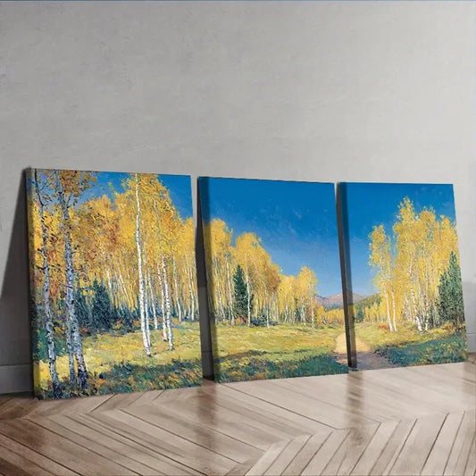 3pcs Autumn Birch Forest Scene With Trees Wall Art Set Canvas Framed 40x60cm - High Quality Print 100% Australian Made Wall Canvas Ready to Hang