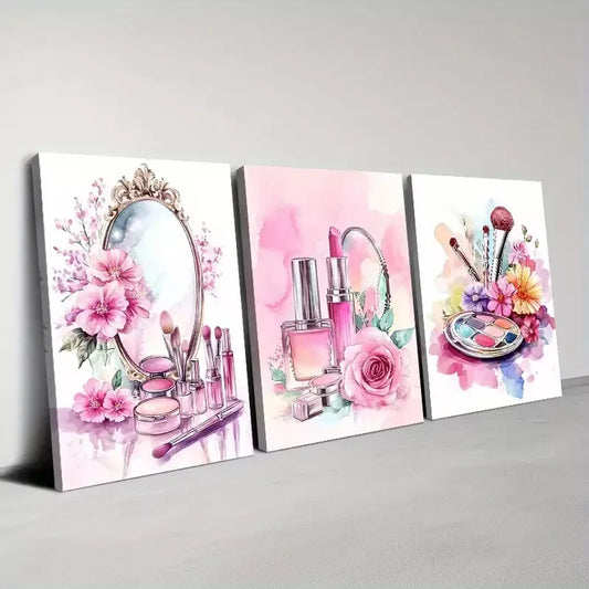 3pcs Vintage Fabric Floral Beauty Makeup Theme Wall Art Set Canvas Framed 40x60cm - High Quality Print 100% Australian Made Wall Canvas Ready to Hang