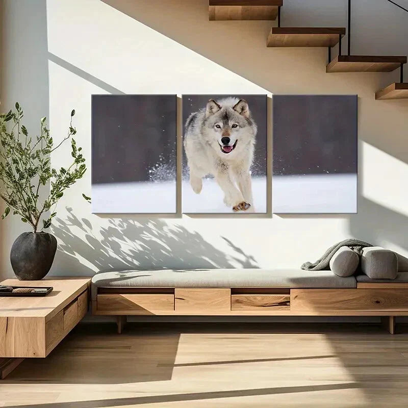 3pcs Wolf Running On The Snow Metal Print Ready to Hang Art