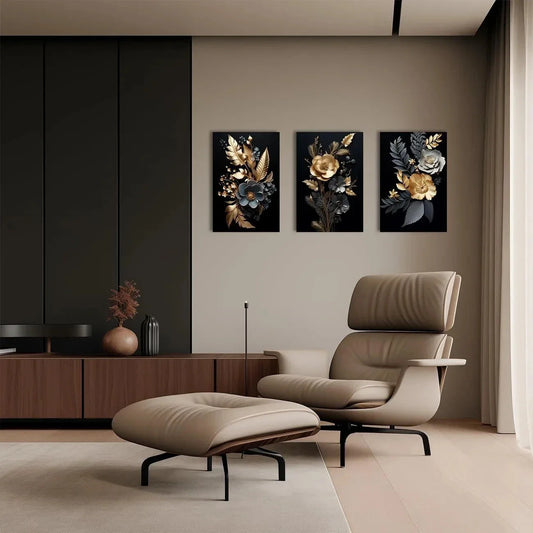 3pcs Abstract Black and Golden Leaf Bloom Metal Print Ready to Hang Art