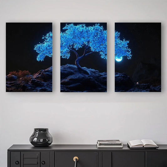 3pcs Beautiful and Lonely Blue Tree at Night Metal Print Ready to Hang Art