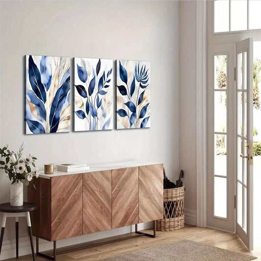 3pcs  Botanical Abstract Elegant Blue Leaves   Wall Art Set Canvas Framed 40x60cm - High Quality Print 100% Australian Made Wall Canvas Ready to Hang