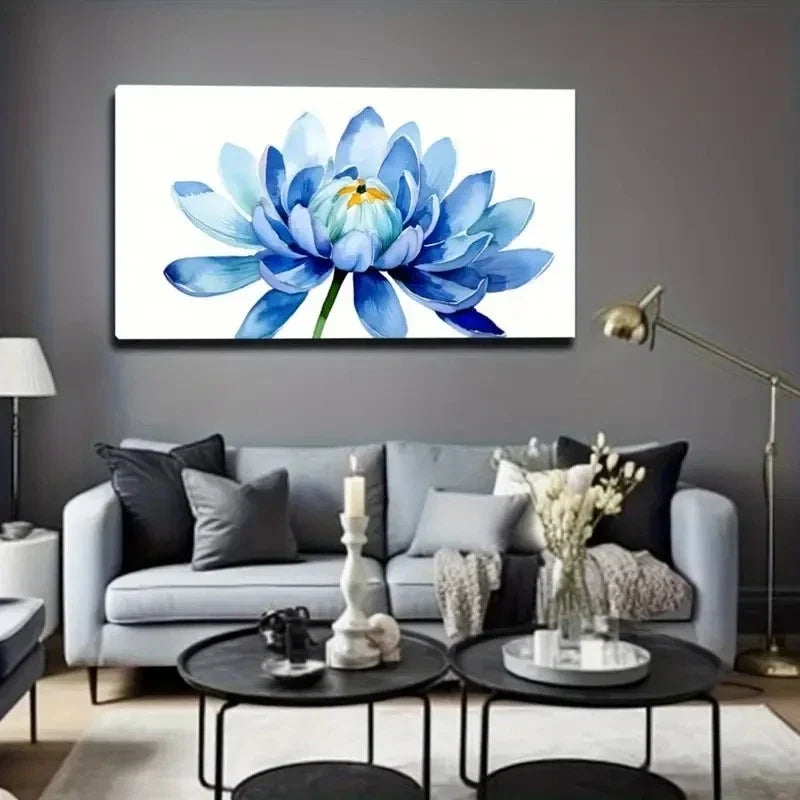 Elegant Light Blue Floral Wall Art Canvas Office Home Room Framed 80x45cm
