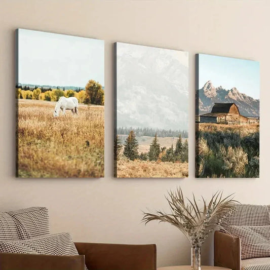 3pcs Farmhouse Large Nature White Horse Mountain Wall Art Set Canvas Framed 40x60cm - High Quality Print 100% Australian Made Wall Canvas Ready to Hang