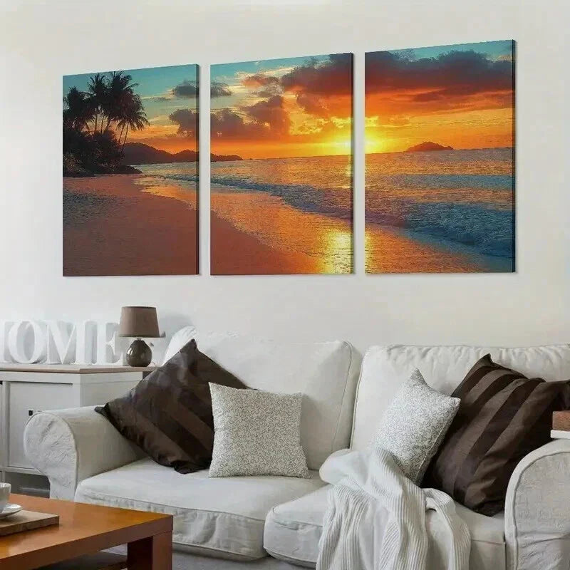 3pcs Palm Tree Beach Sunset Coastal Theme Wall Art Set Canvas Framed 40x60cm - High Quality Print 100% Australian Made Wall Canvas Ready to Hang