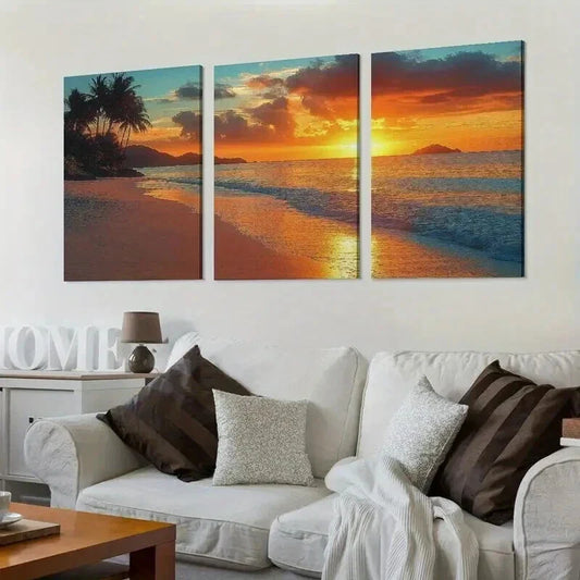 3pcs Palm Tree Beach Sunset Coastal Theme Wall Art Set Canvas Framed 40x60cm - High Quality Print 100% Australian Made Wall Canvas Ready to Hang