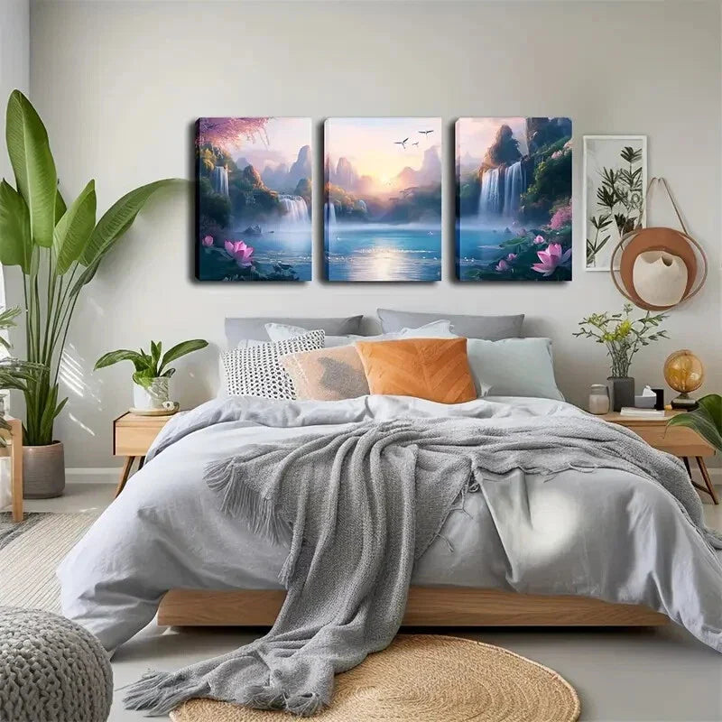 3pcs Serene Waterfall & Mountain Landscape Wall Art Set Canvas Framed 40x60cm - High Quality Print 100% Australian Made Wall Canvas Ready to Hang