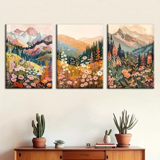 3pcs Abstract Art of Mountain And Flower Paint  Wall Art Set Canvas Framed 40x60cm - High Quality Print 100% Australian Made Wall Canvas Ready to Hang