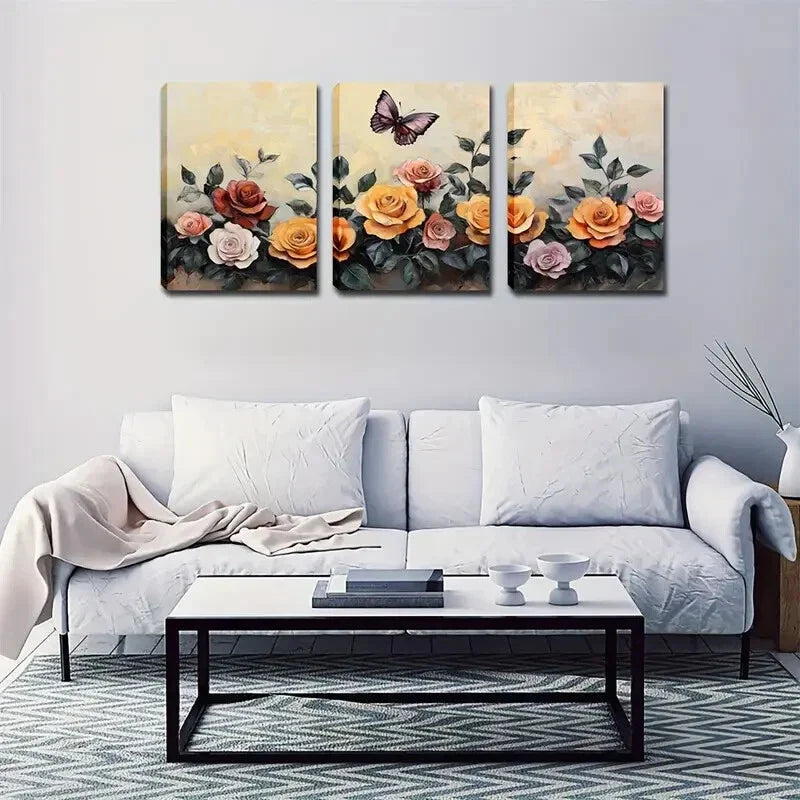 3pcs Pink Yellow Red Vintage Floral Natural Eco Wall Art Set Canvas Framed 40x60cm - High Quality Print 100% Australian Made Wall Canvas Ready to Hang