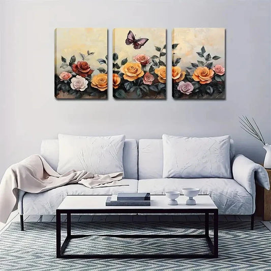 3pcs Pink Yellow Red Vintage Floral Natural Eco Wall Art Set Canvas Framed 40x60cm - High Quality Print 100% Australian Made Wall Canvas Ready to Hang