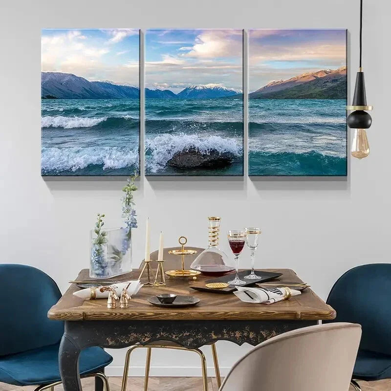 3pcs Turquoise Lake and Mountain Picture Metal Print Ready to Hang Art