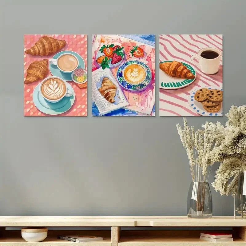 3pcs Morning Coffee, Croissants, And Cookies Metal Print Ready to Hang Art