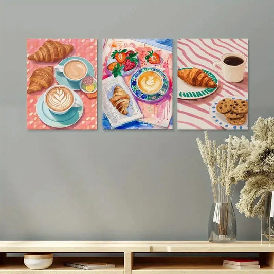 3pcs Morning Coffee, Croissants, And Cookies Metal Print Ready to Hang Art