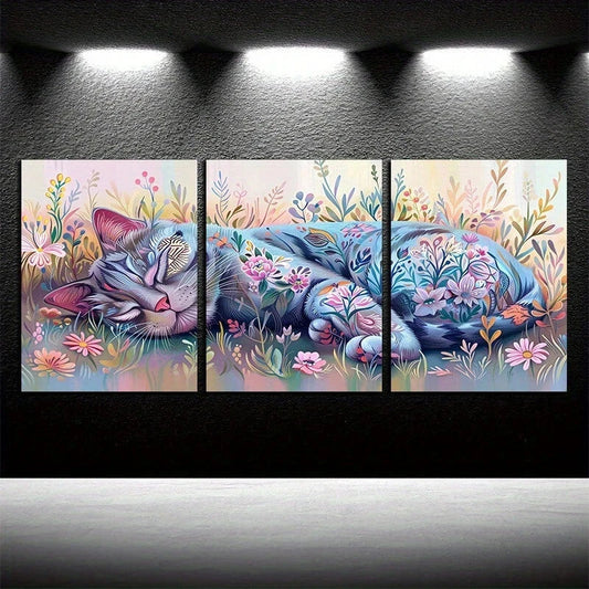 3pcs Sleeping Cat Colourful Modern Metal Print Ready to Hang Art