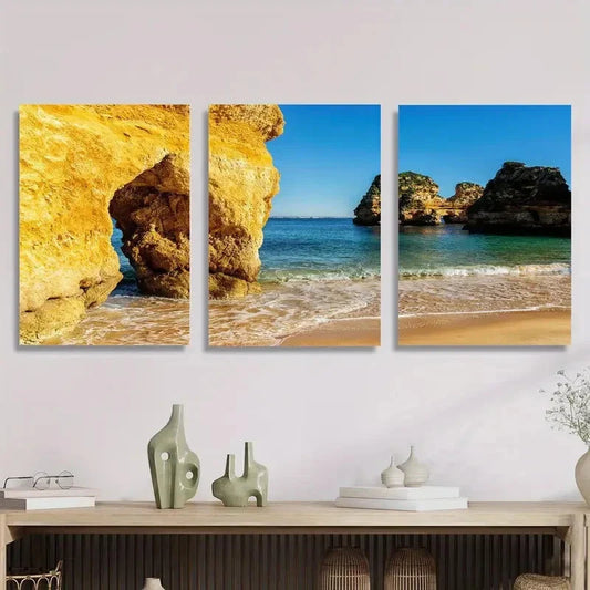 3pcs golden rocks and beaches, landscape Metal Print Ready to Hang Art
