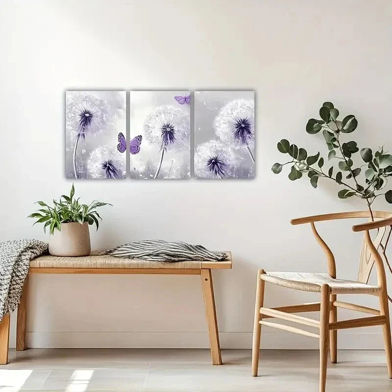 3pcs Purple Flower & Butterfly Abstract Metal Print Ready to Hang Art