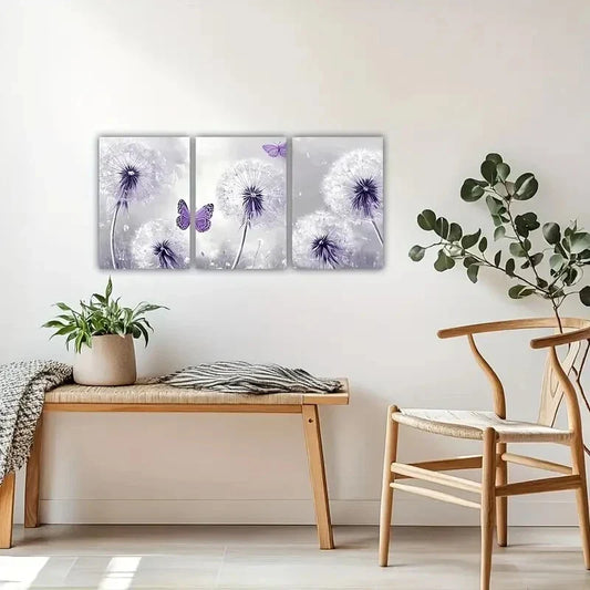 3pcs Purple Flower & Butterfly Abstract Metal Print Ready to Hang Art