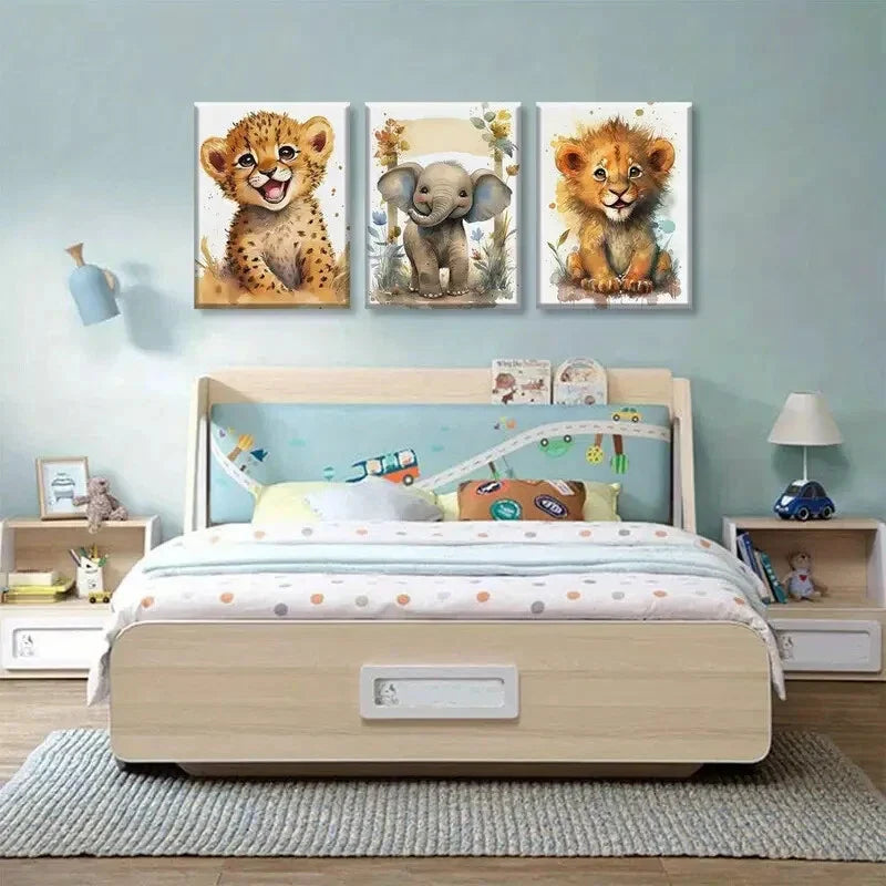 3pcs Baby Safari Animal Lovely Jungle Animal  Metal Print Ready to Hang Art