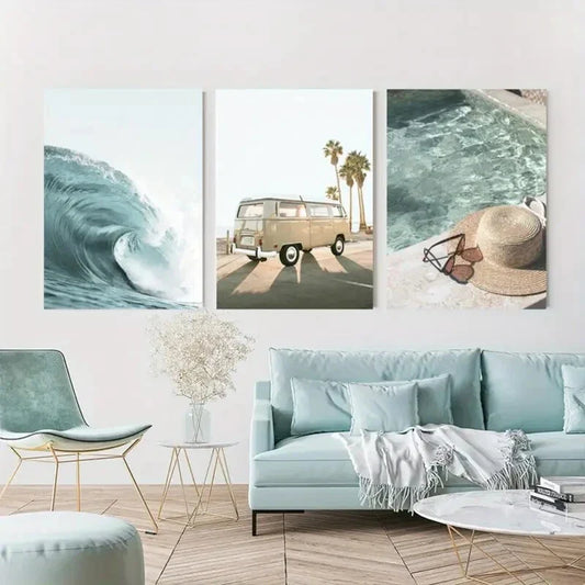 3pcs Beach Bohemian Surfboard Sea Wave Blue Teal Metal Print Ready to Hang Art