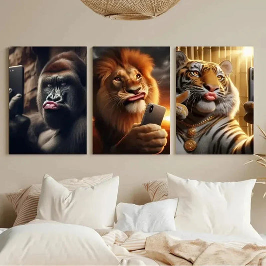 3pcs Funny Animals Dressed in Fancy Metal Print Ready to Hang Art